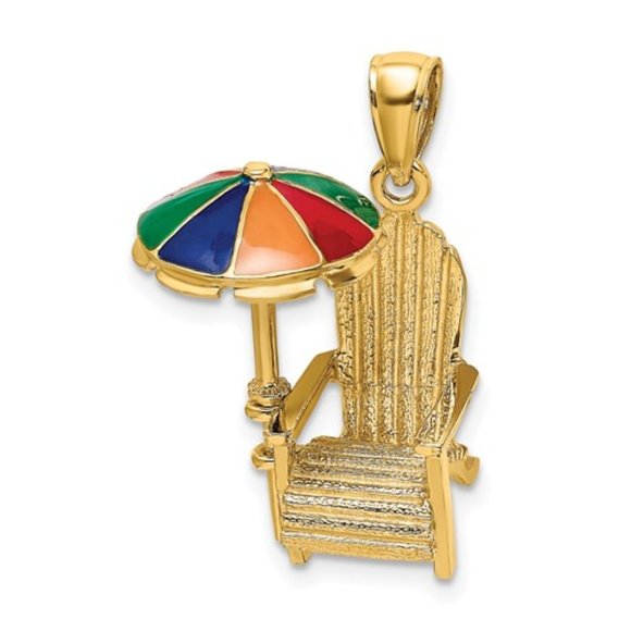 14k Yellow Gold 3-D Adirondack Beach Chair w multi color enamel Umbrella Pendant - Picture 1 of 4